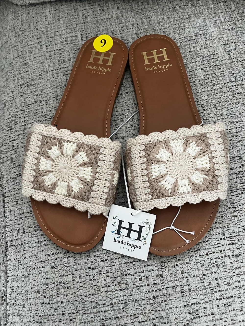 NWT Haute Hippie Crochet Slide Sandals in Cream and Light Brown Size 9 Boho